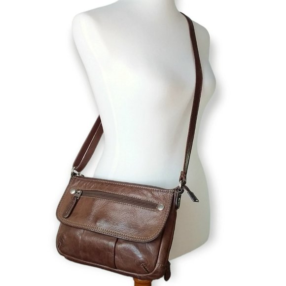 Vintage Fossil Crosstown Crossbody Bag Brown Pebbled Leather Multi Compartment - Picture 3 of 12
